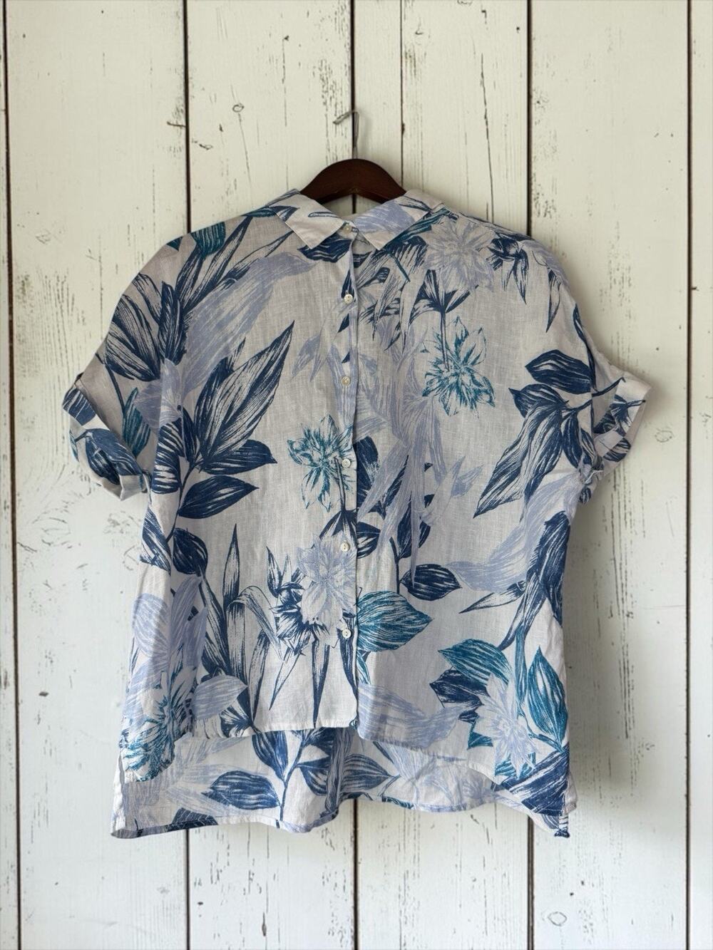 C&C California Women's 100% Linen Button-Up Top Blue Floral Short Sleeve Size XL
